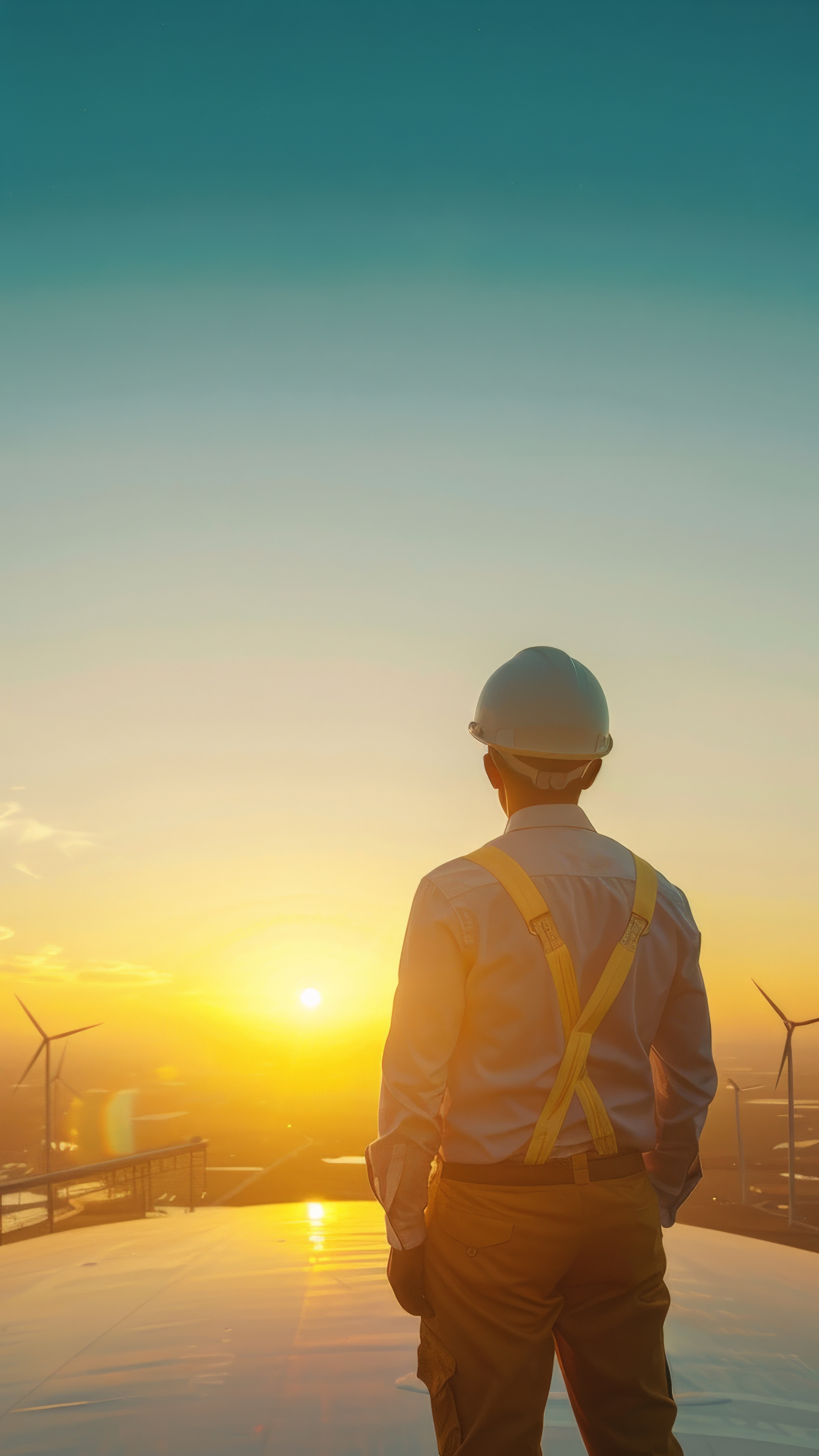 Le directeur des travaux regarde ces derniers, un beau coucher de soleil en fond.